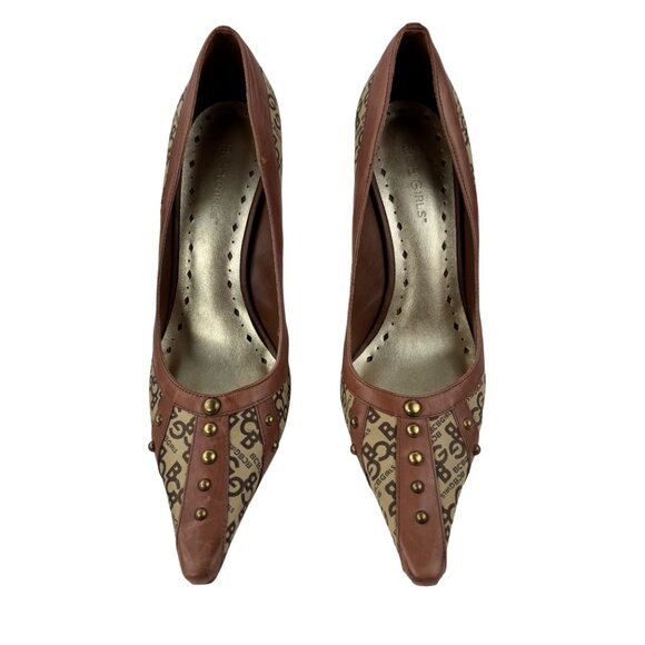BCBG Girls Logo Brown Tan Heels Fabric Pumps Pointed Toe Shoes Size 8 B - Picture 2 of 5